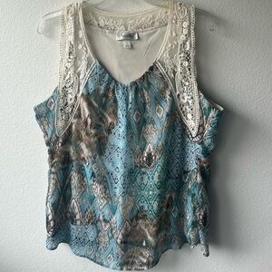 Dressbarn top lace eyelet blue tan size XL balletcore